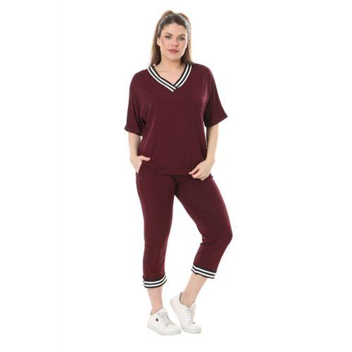 Melsay Butik Bordo V Yaka Şerit Detaylı Kısa Kollu Beli Lastikli Kapri Takım