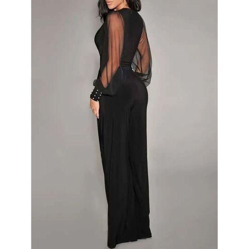 Kadın Uzun Kollu Kruvaze Yakalı Kolları Tüllü Viskon Tulum