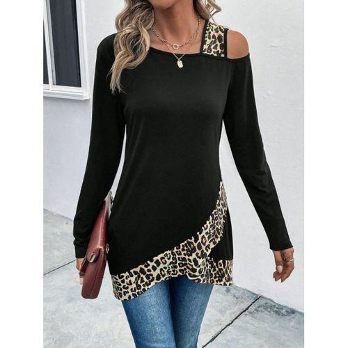 Kadın Tek O Uzdan Açık Askılı Uzun Kollu Leopar Detaylı Viskon Bluz