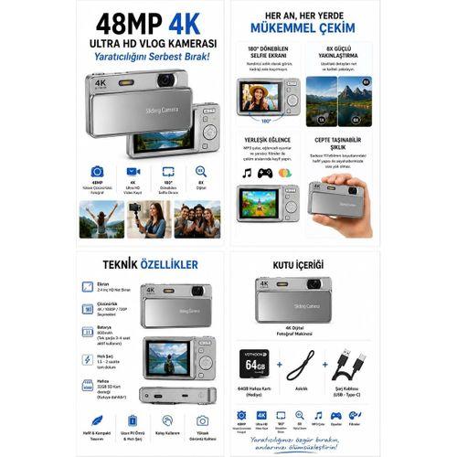 Dijital Kamera 4k Hd 48mp 16x Zoom Flaşlı Kayar Retro Video Kamera 2 8’’ Ekran 64gb Sd Kart Hediyeli Gümüş