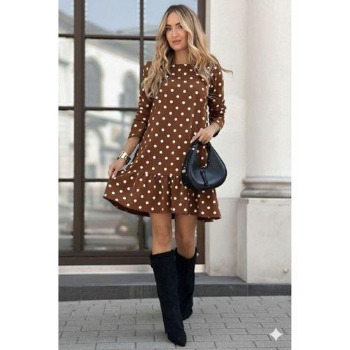 Kadın Uzun Kollu Bisiklet Yaka Fırfırlı Puantiyeli Kısa Modal Elbise
