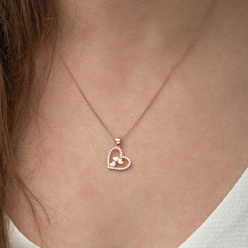 Lucky Life 925 Ayar Gumuss  Rose Kalbin İçinde Üç Kalp Kolye