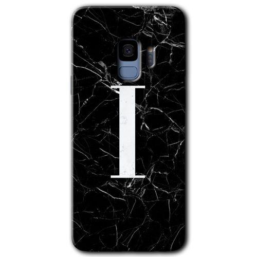 Samsung Galaxy S9 Kılıf HD Desen Baskılı Arka Kapak + Temperli Cam - Siyah Mermer Desenli İ Harfi