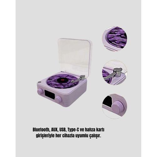 Projektör Işıklı Retro Hoparlör Bluetooth Aux Usb Hafıza Kartlı 360° Sesli Şarjlı