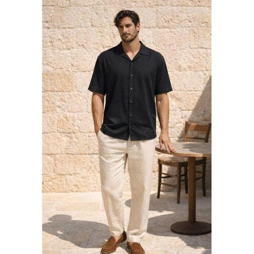 Doris Oversize Kalıp Odessa Kumaş Resort Yaka Kısa Kollu Erkek Gömlek - Siyah