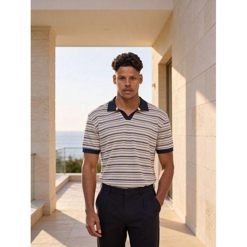Gert Relaxed Fit Çizgili Pike Kumaş V Pat Polo Yaka T-Shirt - Lacivert