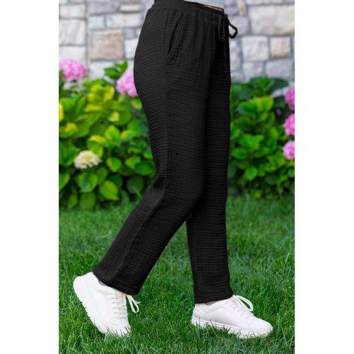 Beli Lastikli Multi Çift Cepli Müslin Kadın/Erkek Unisex Yazlık Pantolon Siyah Syh