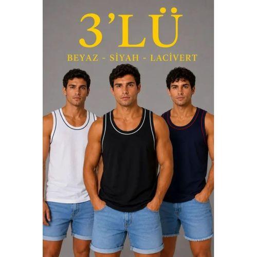Erkek 3’lü Kolsuz Sporcu Atlet Seti Yazlık Bisiklet Yakalı - Siyah, Lacivert, Beyaz