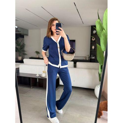 Kadın Kısa Kollu Ribana Ve Gold Düğme Detay Hırka Yanı şeritli Pantolon Ikili Takım