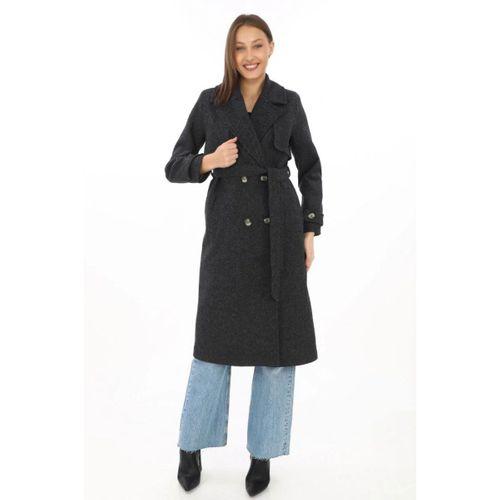 Premium Kaşe Kaban Uzun Boy, Balık Sırtı Yünlü Kaşmir Dokuma, Kruvaze Kuşaklı Astarlı - Siyah