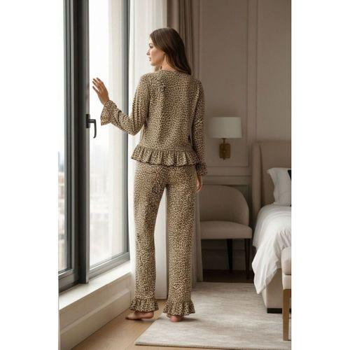Kadın Leopar Desenli Fiyonk Detaylı Uzun Kollu Ev Giyim Pijama Takımı Premium Homewear