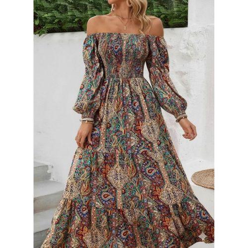 Kadın Düşük Omuzlu Beli Büzgülü Dijital Desenli Kesik Elyaf Süprem Uzun Elbise