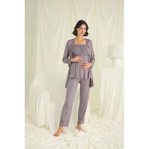 Dantelli Önü Düğmeli Hamile Lohusa 3'lü Pijama Takımı