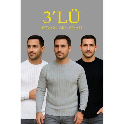 Erkek Fitilli Triko Kazak 3’lü Set – Beyaz, Gri, SiyahKalın Dokuma Pamuklu Regular Fit Bisiklet Yaka Uzun Kollu Kışlık Ve Baharlık Rahat Triko Kombini