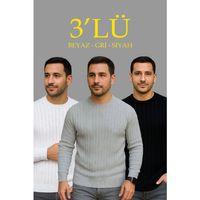 Erkek Fitilli Triko Kazak 3’lü Set – Beyaz, Gri, SiyahKalın Dokuma Pamuklu Regular Fit Bisiklet Yaka Uzun Kollu Kışlık Ve Baharlık Rahat Triko Kombini