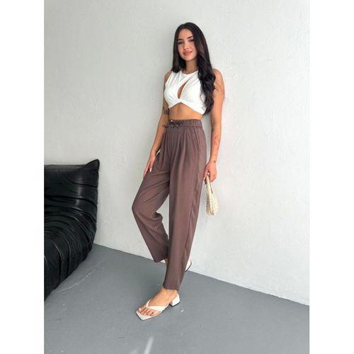 Yüksel Bel Rahat Paça Pantalon - Kahverengi