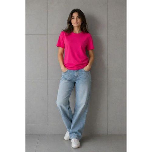 Basic Pamuklu Tişört Bisiklet Yaka Düz Renk Relaxed Fit T-Shirt - Fuşya