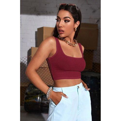 Kadın Bordo Kalın Askılı Crop Top Büstiyer Esnek Kumaş Şık Basic Kadın Üst Giyim