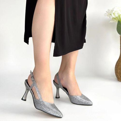 Joga Gümüş Saten Simli Topuklu Ayakkabı
