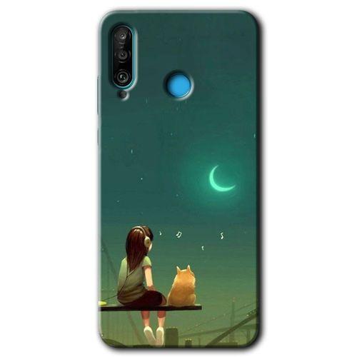 Huawei P30 Lite Kılıf HD Desen Baskılı Arka Kapak + Temperli Cam - Kedili Kız
