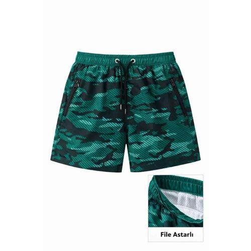 Deniz Şortu Fermuarlı Cepli File Astarlı Hızlı Kuruyan Premium - Su Yeşili