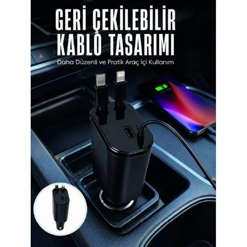Dijital Voltaj Göstergeli Araç Şarj Cihazı Geri Çekilebilir Kablolu 4 Portlu Hızlı Şarj Adaptörü
