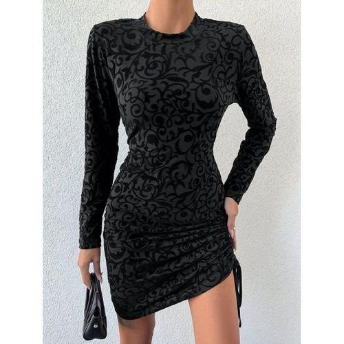 Lucky Life Kadın Uzun Kollu Bisiklet Yaka Yandan Büzgülü Flok Baskı Sandy Elbise