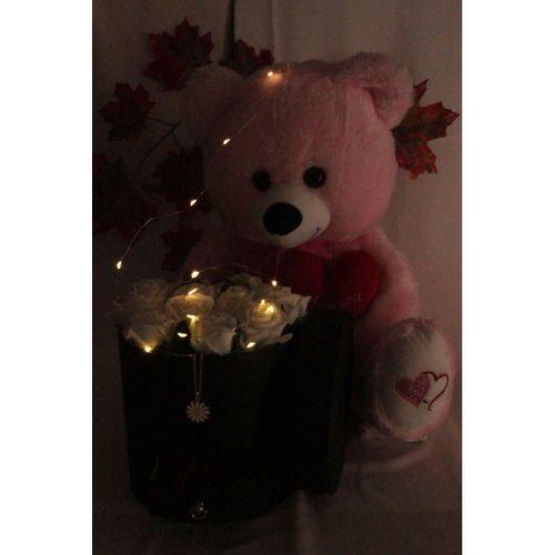 Kutu Dolusu Güller 13 Adet Sevimli Peluş Ayıcık 50cm Altınkaplama Papatya Kolye Sevgiliye Led Işıklı
