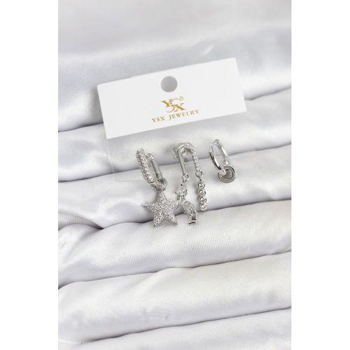 Pirinç Gümüş Renk Zirkon Taşlı Yıldız Vintage Model YSX Trio Küpe Seti