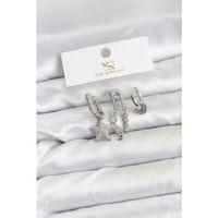 Pirinç Gümüş Renk Zirkon Taşlı Yıldız Vintage Model YSX Trio Küpe Seti