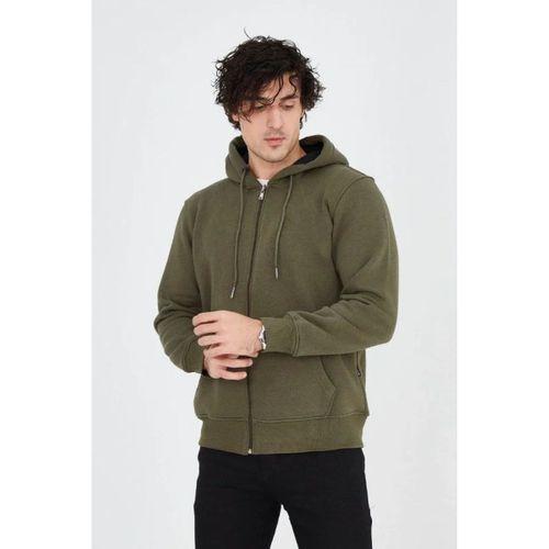 Erkek Kapüşonlu Düz Fermuarlı Hırka - Yeşil