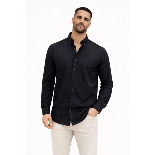 Erkek KETEN Kumaş Oversize Uzun Kollu Rahat Kalıp Gömlek - Siyah