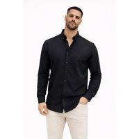 Erkek KETEN Kumaş Oversize Uzun Kollu Rahat Kalıp Gömlek - Siyah