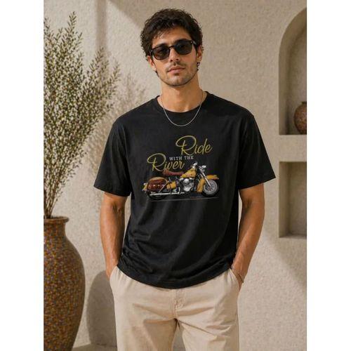 Erkek Motosiklet Baskılı Tişört Bisiklet Yaka Kısa Kol Yazlık T-Shirt - Siyah