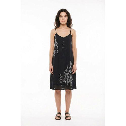 Askılı Yazgı Şile Bezi Yazlık Kısa Nakışlı Elbise Siyah Syh