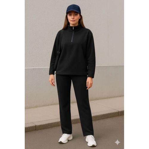 Kadın Balıkçı Yaka Fermuar Detay Polar Sweat Ve Pantolon Ikili Takım