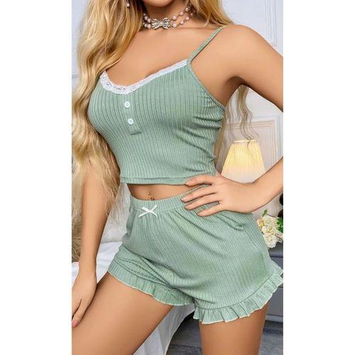 Kadın Yeşil Dantel Detaylı Şortlu Gecelik Pijama Takımı 5014