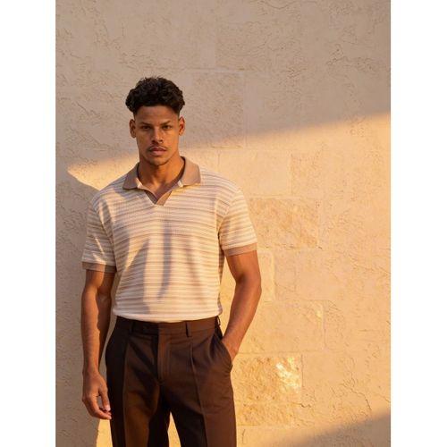 Gert Relaxed Fit Çizgili Pike Kumaş V Pat Polo Yaka T-Shirt - Bej