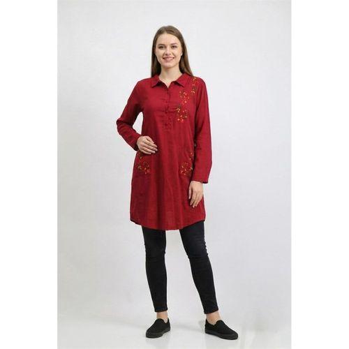 Uzun Kol Sevim Düğmeli Klasik Yaka Çift Cepli Şile Bezi Nakışlı Tunik Bordo Brd