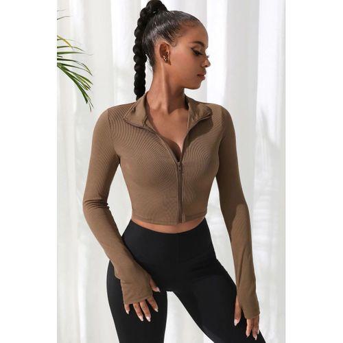 Kadın Kahverengi Dik Yaka Fermuarlı Uzun Kollu Parmak Geçmeli Crop Top Spor Bluz
