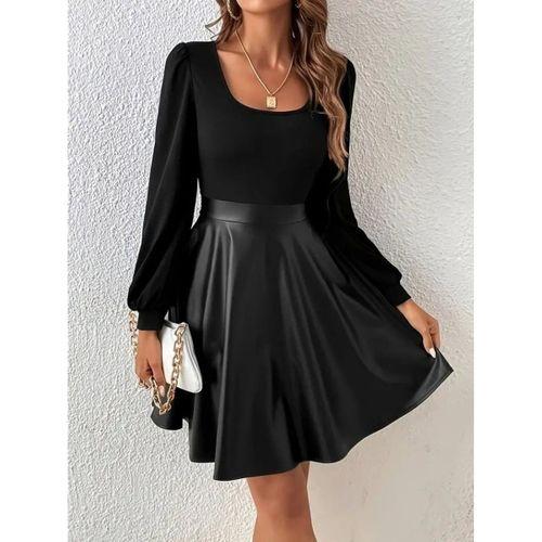 Kadın Uzun Kollu Kare Yaka üst Viskon Alt Deri Mini Elbise