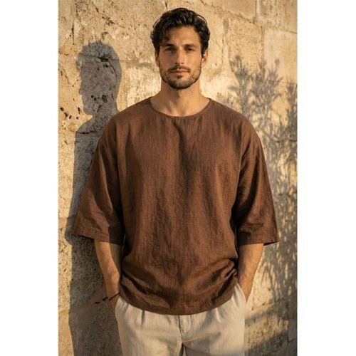 Castiel Bisiklet Yaka Fakir Kol Oversize Kısa Kol T-shirt - Kahve