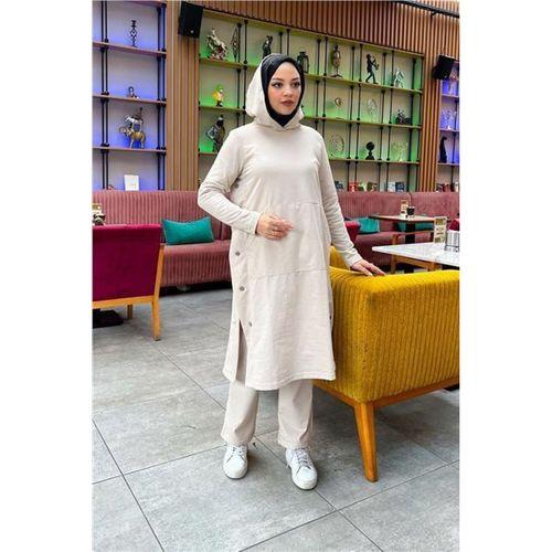 Kapşonlu Yandat Çıtçıtlı Sade Basic Uzun Tunik ve Pantolon İkili Spor Takım - 03071.027 - Ekru