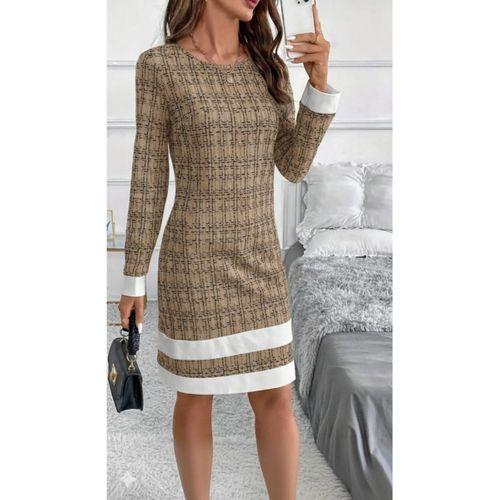 Kadın Uzun Kollu Yuvarlak Yaka Etek Ucu şerit Detaylı Mini Dokuma Elbise