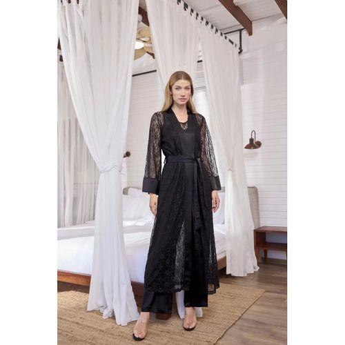 Uzun Kollu Dantelli Ve Kuşaklı Sabahlık