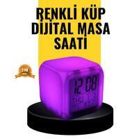 7 Renk Led Işıklı Alarmlı Dijital Küp Masa Saati Termometreli