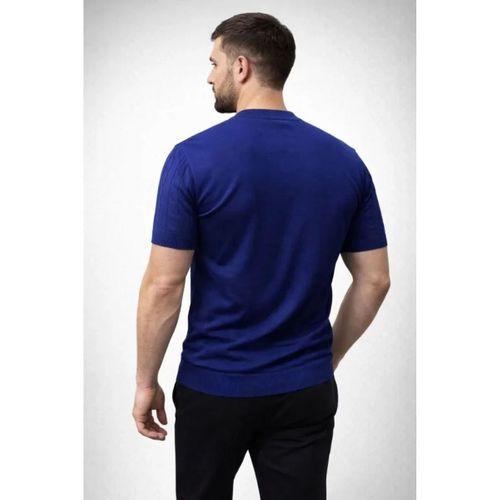 Erkek Yazlık Triko Dokuma Tişört Kısa Kol Bisiklet Yaka Örgü Desenli T-Shirt - Lacivert