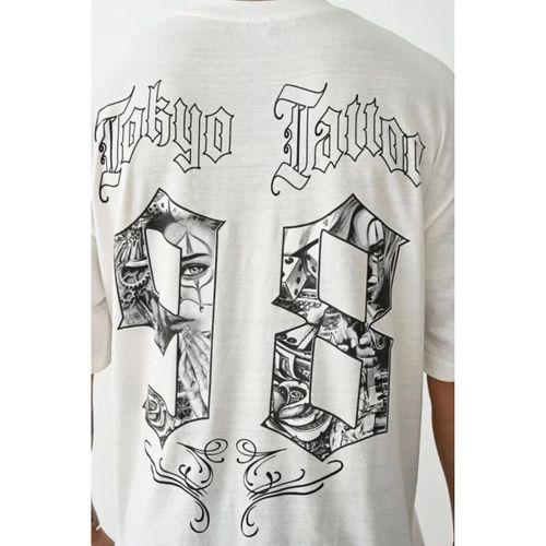 Unisex Baskılı Oversize T-Shirt - Beyaz