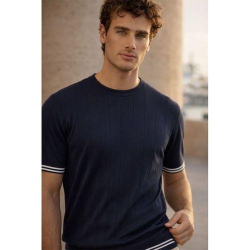 Dale Kolları Şeritli Bisiklet Yaka İnce Triko Örme Regular Fit Erkek T-Shirt - Lacivert