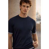 Dale Kolları Şeritli Bisiklet Yaka İnce Triko Örme Regular Fit Erkek T-Shirt - Lacivert